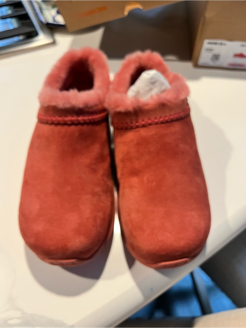 Women's Plush-Lined Slip-On Suede Slippers in Coral